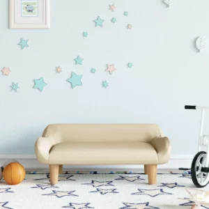 Kreemjasvalge lastediivan kangast ja puidust jalgadega, 70 x 40 x 24 cm