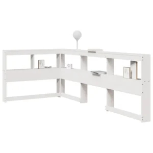 L-kujuline voodipeats hoiuriiulitega, valge täismännipuit, 80 cm voodile, 98,5 x 218,5 x 80 cm