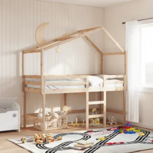 Laste kõrge voodi katuse ja redeliga, naturaalne männipuit, turvapiirdega, sobib madratsile 90 x 190 cm