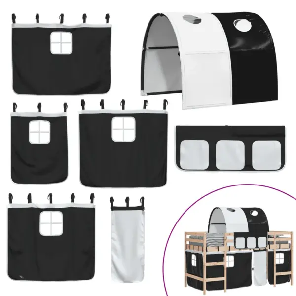 Laste keskmise kõrgusega voodi kardinate ja tunneliga, männipuit, 80 x 200 cm, valge-must – 10