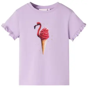 Laste lilla T-särk flamingo jäätise trükiga, satsiliste varrukatega, suurus 128