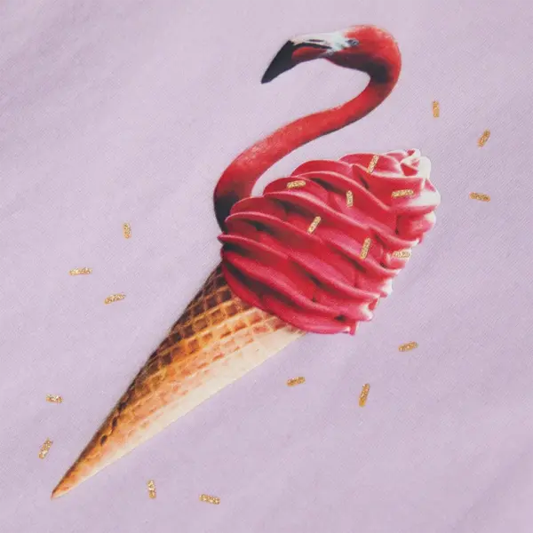 Laste lilla T-särk flamingo jäätise trükiga, satsiliste varrukatega, suurus 128 - 4