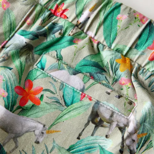 Laste lühikesed püksid pingutusnööriga, ükssarvedega trükiga, hele khaki, 116 – 5