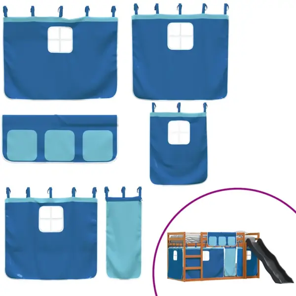 Laste madal narivoodi liumäe ja kardinatega, vahapruun männipuit, sinised kardinad, 90 x 200 cm – 5