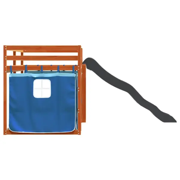 Laste madal narivoodi liumäe ja kardinatega, vahapruun männipuit, sinised kardinad, 90 x 200 cm – 9