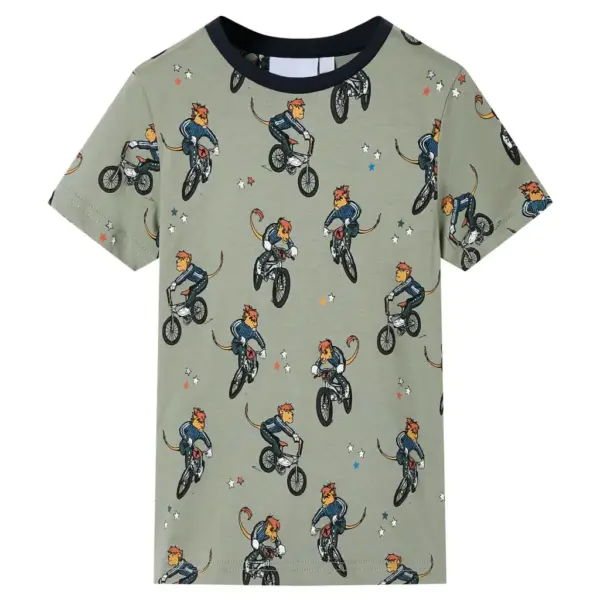 Laste puuvillane pidžaamakomplekt, lühikeste varrukatega, jalgrattalooma mustriga, hele khaki, suurus 140 – 2