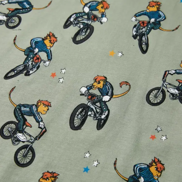 Laste puuvillane pidžaamakomplekt, lühikeste varrukatega, jalgrattalooma mustriga, hele khaki, suurus 140 – 7