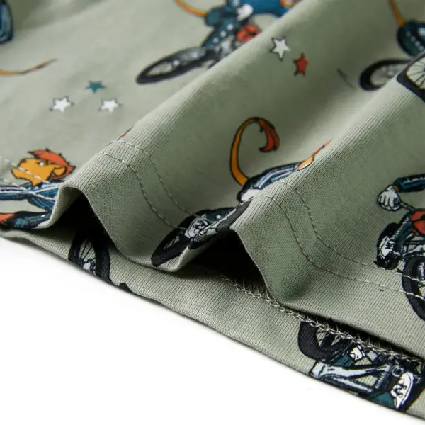 Laste puuvillane pidžaamakomplekt, lühikeste varrukatega, jalgrattalooma mustriga, hele khaki, suurus 140 – 9