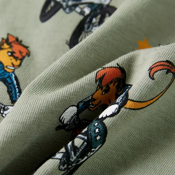 Laste puuvillane pidžaamakomplekt, lühikeste varrukatega, jalgrattalooma mustriga, hele khaki, suurus 140 – 10