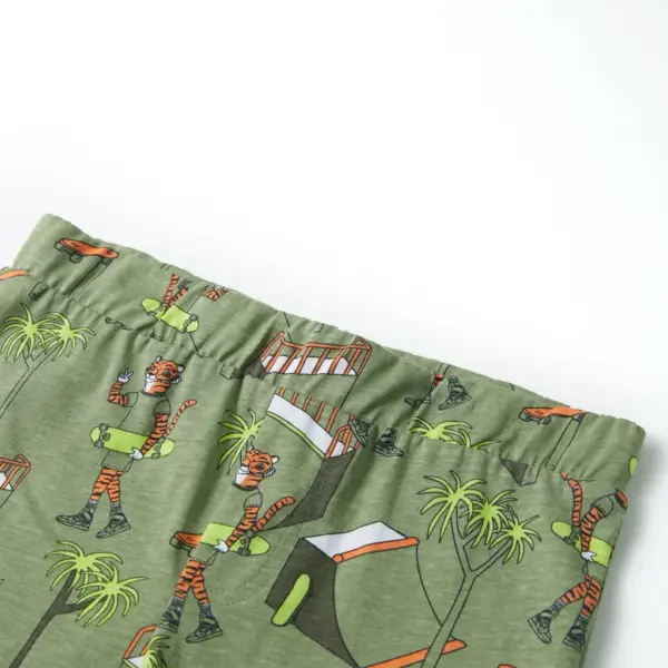 Laste lühikeste varrukatega puuvillane pidžaamakomplekt, tiigrite ja puude mustriga, hele khaki, suurus 116 (5–6 a) – 11