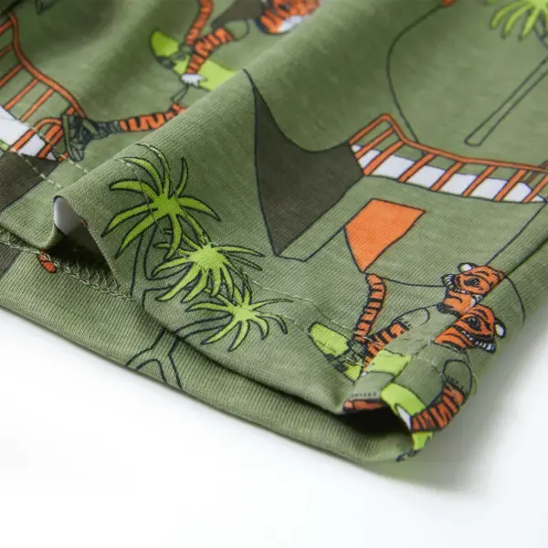 Laste lühikeste varrukatega puuvillane pidžaamakomplekt, tiigrite ja puude mustriga, hele khaki, suurus 116 (5–6 a) – 12