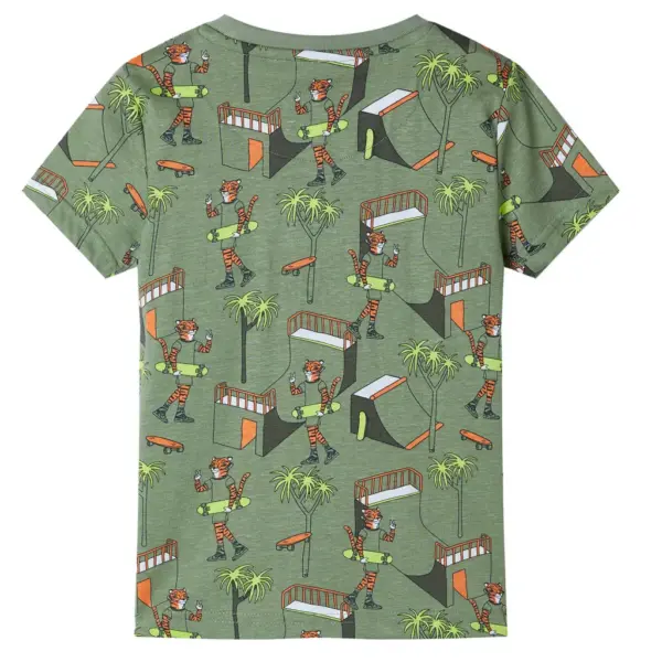 Laste lühikeste varrukatega puuvillane pidžaamakomplekt, tiigrite ja puude mustriga, hele khaki, suurus 116 (5–6 a) – 3