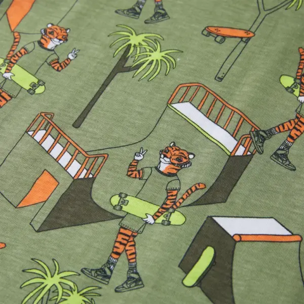 Laste lühikeste varrukatega puuvillane pidžaamakomplekt, tiigrite ja puude mustriga, hele khaki, suurus 116 (5–6 a) – 7