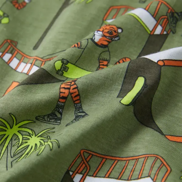 Laste lühikeste varrukatega puuvillane pidžaamakomplekt, tiigrite ja puude mustriga, hele khaki, suurus 116 (5–6 a) – 10