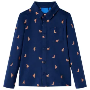 Laste tumesinine puuvillane särk koeratrükiga, pikad varrukad, suurus 116