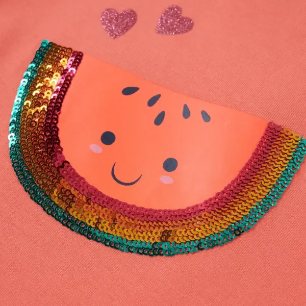 Volangidega laste T-särk litritega arbuusikujundusega, korallroosa, suurus 116 (5–6 a) – 4