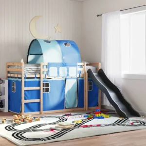 Lastenari liumäe ja kardinate komplektiga, männipuit, sinised polüesterkardinad, antratsiithall liumägi, sobib madratsile 90 x 200 cm