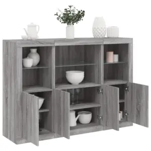 LED-tuledega puhvetkapikomplekt, 3 tk, hall Sonoma tamm, tehispuit ja klaas, 142,5 x 37 x 100 cm