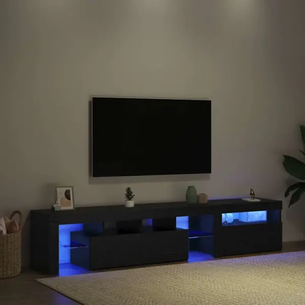 LED-valgustusega TV-kappide komplekt, must tamme toon, tehispuit, 2 tk, 200 x 36,5 x 40 cm, 3 hingedukse ja 3 klaasriiuliga – 5