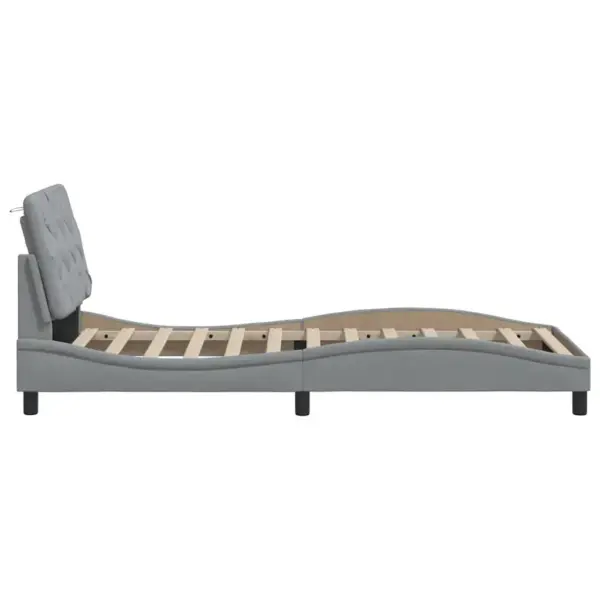 LED-valgustusega kangast voodiraam peatsipadja ja liistudega, helehall, 90 x 200 cm, ilma madratsita – 9