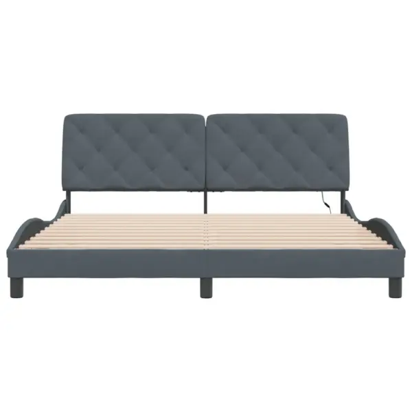 LED-valgustusega tumehall sametist voodiraam pehme peatsiga, 180 x 200 cm, ilma madratsita – 6