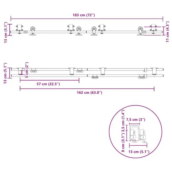 Kahekordse lükandukse riistvarakomplekt aidauksele, roostevaba teras, hõbedane, siini pikkus 183 cm – 13