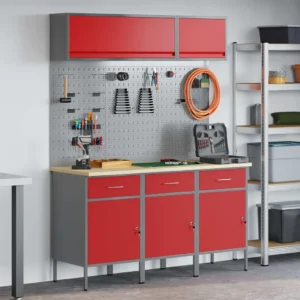 Töökappide komplekt tööriistade hoiustamiseks, lukustatav, 8-osaline, punane, pulberkattega teras ja insenerpuit, 150 x 55 x 200 cm