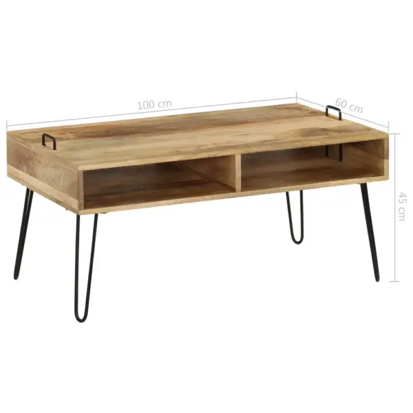 Mangopuidust kohvilaud hoiuriiuliga, terasjalgadel, 100 x 60 x 45 cm – 9