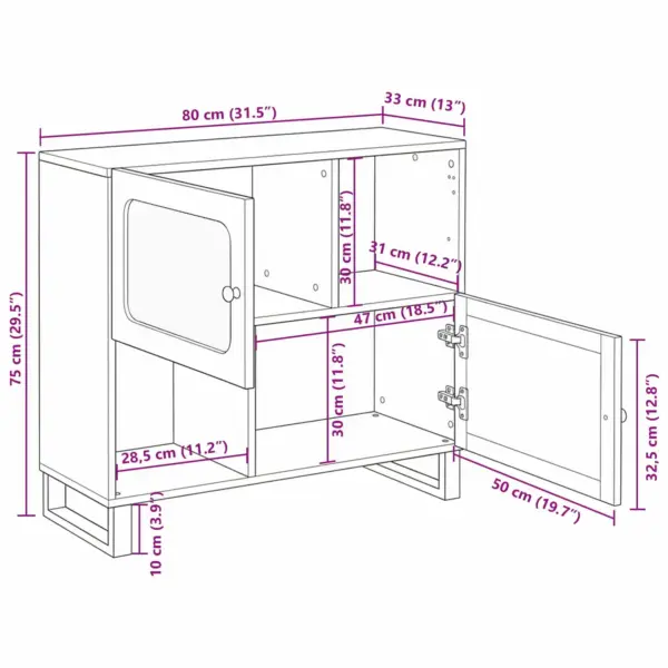 Kummut 2 uksega hoiuruumiga, pruun mangopuit, 80 x 33 x 75 cm – 12