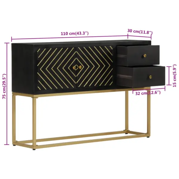 Must-kuldne mangopuidust puhvetkapp metallraamil, 110 x 30 x 75 cm - 10