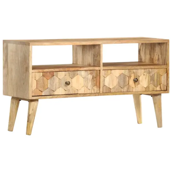 Telerikapp kahe avatud riiuli ja kahe sahtliga, mangopuit, 90 x 30 x 50 cm – 11