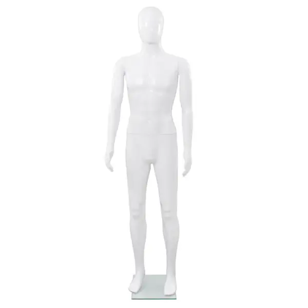Täispikk meesmannekeen klaasist alusel, läikiv valge, pööratava pea ja liigutatavate kätega, 185 cm – 2