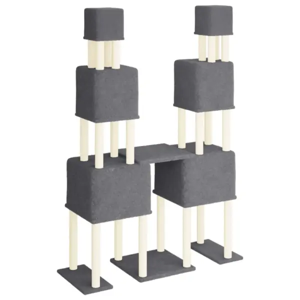 Mitmetasandiline kassimaja sisalpostidega, tumehall plüüs, 136 x 47,5 x 199 cm – 5