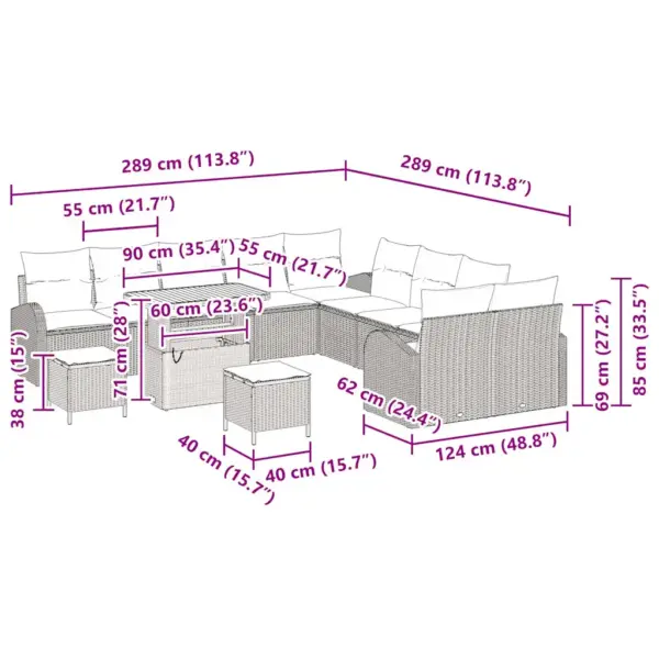 13-osaline modulaarne aiadiivanikomplekt patjadega, beež polürotang, 12 istekohta, laud akaatsiapuidust plaadiga, 289 x 289 x 85 cm – 12