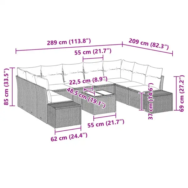 Modulaarne aiamööbli komplekt patjadega, 9 osa, pruun-kreem polürotang, 289 x 209 x 85 cm – 13