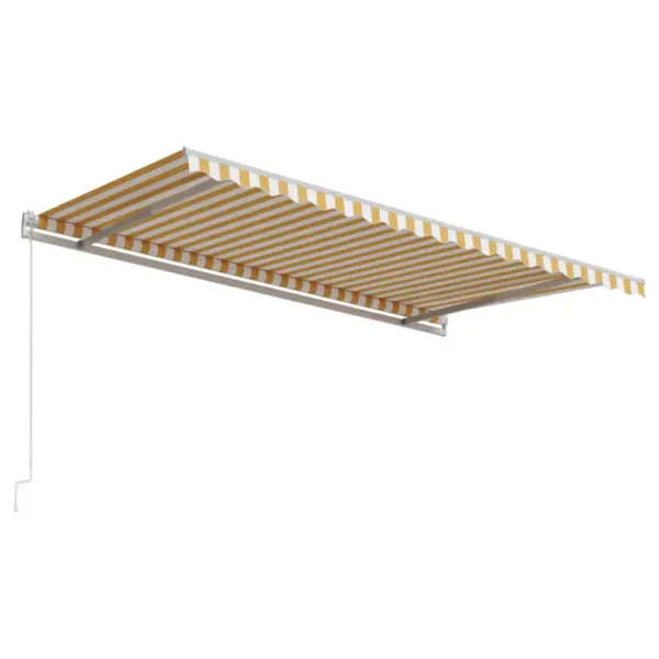 Motoriseeritud automaatselt sissetõmmatav terrassivarikatus, 450 x 300 cm, kollase-valge triibuline, valge alumiiniumraam – 5