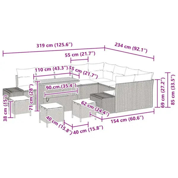 Aiamööbli komplekt patjadega, 13-osaline, must polürotang, reguleeritava kõrgusega lauaga, panipaigaga mooduldiivan, 9 istekohta – 10