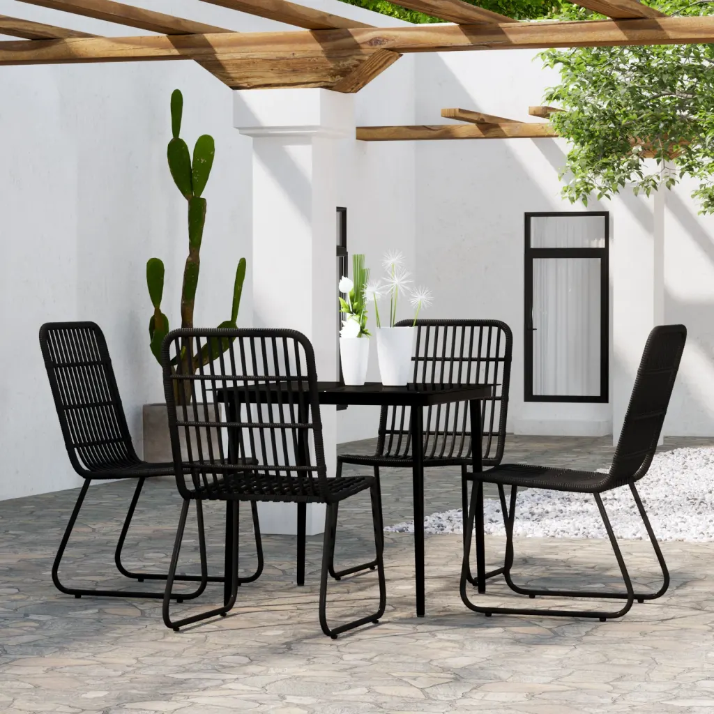 5-osaline aiamööbli komplekt, must PE-rotang ja teras, klaasplaadiga laud 80 x 80 cm