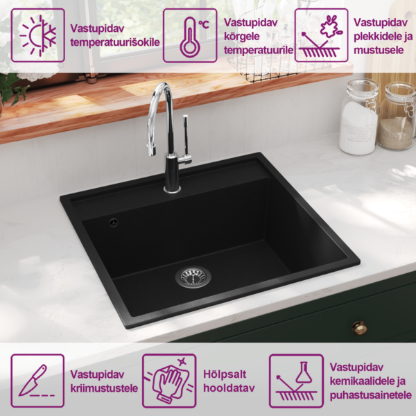 Graniitkomposiidist köögivalamu ülevooluavaga, must, 530 x 500 mm – 10