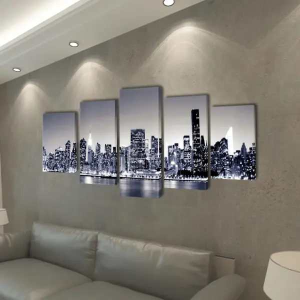 Must-valge New Yorgi siluetiga seinalõuend, 5 paneeli, 100 x 50 cm – 2