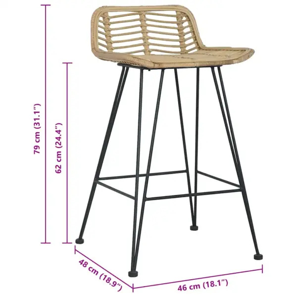 Baaritoolid 2 tk, naturaalne rotang, metallist jalad, 46 x 48 x 79 cm – 8