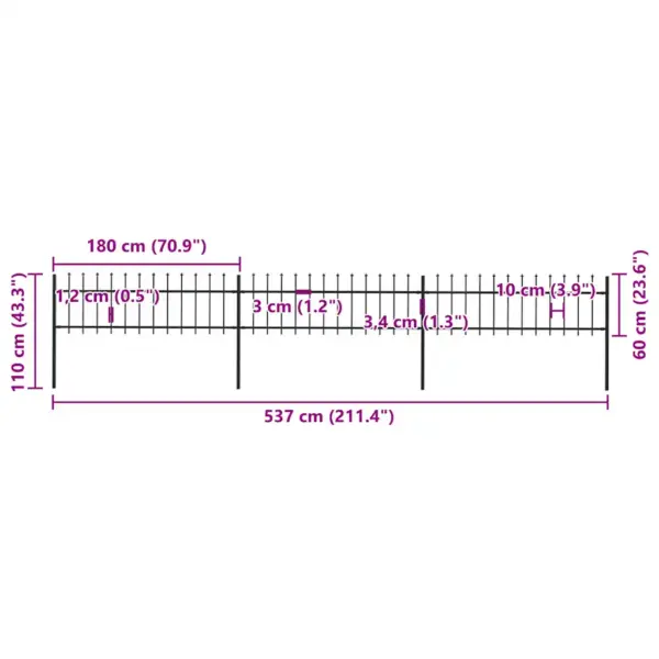 Madala odatipuga aiapiire pulbervärvitud terasest, must, 3 paneeli ja 4 posti, kogupikkus 510 cm – 5