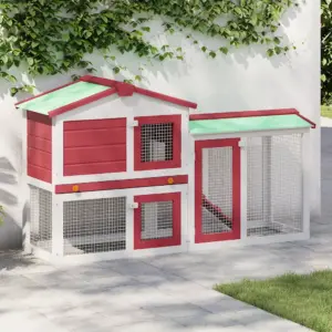 Kahekorruseline õue küülikupuur jooksualaga, valge ja punane, kuusepuit, 145 x 45 x 84 cm