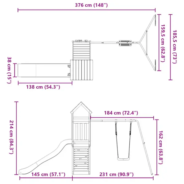 Puidust õuemänguväljak mängutorni, liumäe ja ühekohalise kiigega, männipuit, sinine, 196 x 186 x 214 cm – 12