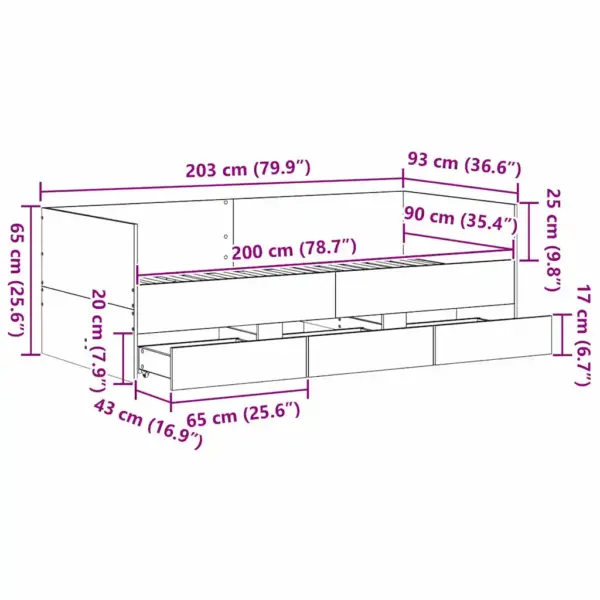 Päevavoodi sahtlite ja seljatoega, käsitöötamm, 90 x 200 cm, tehispuit – 12