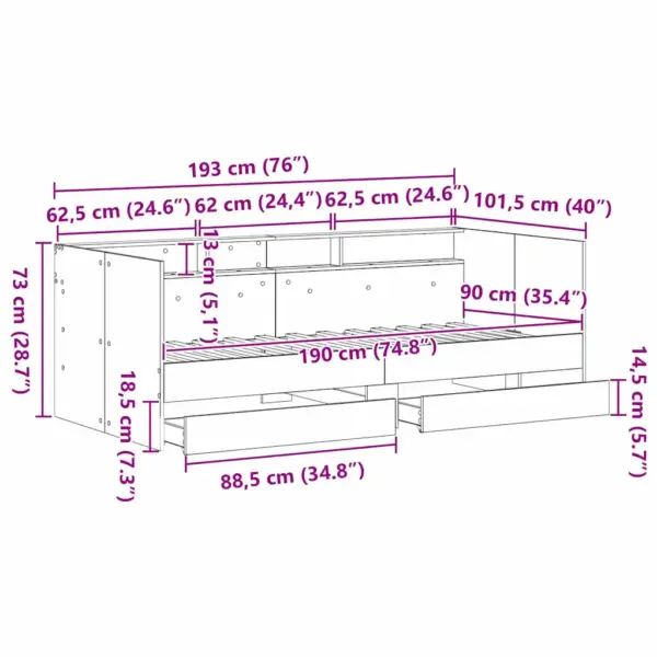 Päevavoodi sahtlitega üheinimesele, must tamm, tehispuit, madratsile 90 x 190 cm – 12