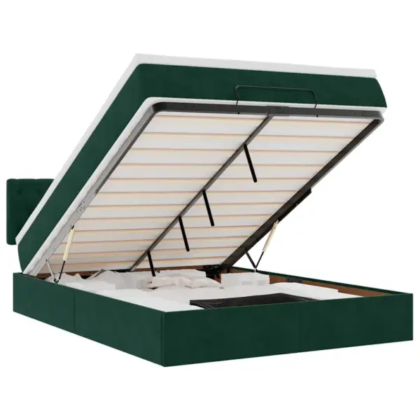 Panipaigaga ottomani voodi madratsi ja LED-valgustusega, tumeroheline samet, 140 x 200 cm – 2