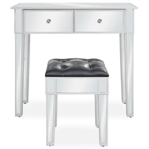 Peegelpinnaga tualettlaud tooliga, hõbedane, peegelklaas ja MDF, kunstnahkistmega – 2