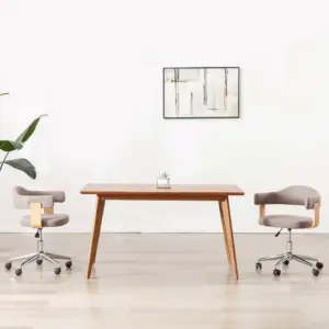 Pöörlevad söögitoolid ratastel, 2 tk, pruunikashall kangas, painutatud puit, reguleeritava kõrgusega