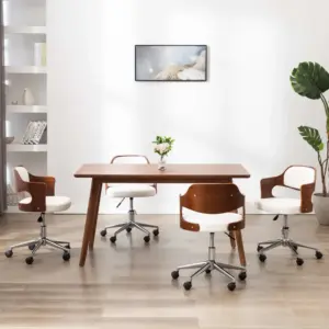 Pöörlevad söögitoolid ratastel, 4 tk, valge kunstnahk ja painutatud puit